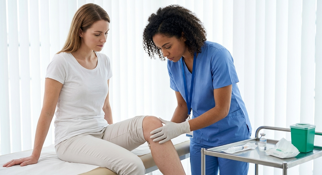 Doctor administering a joint injection to a patient